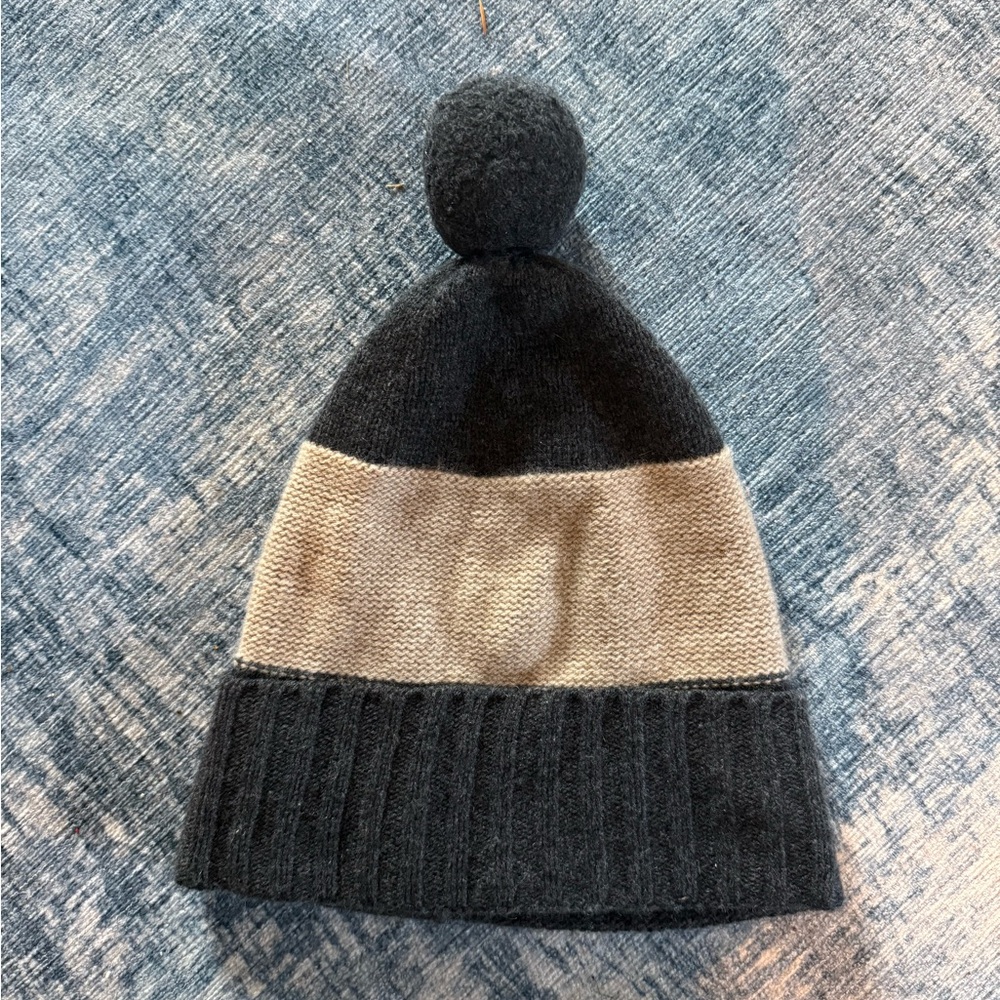 Burberry 100% Cashmere Pom-Pom Beanie - Charcoal & Beige Colorblock - One Size